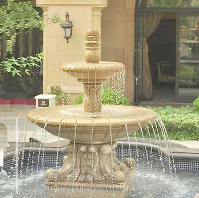 廠家直銷黃銹石石雕噴泉流水水缽石材盆，疊跌水盆直徑2.5-2.8米，打造精美假山水景